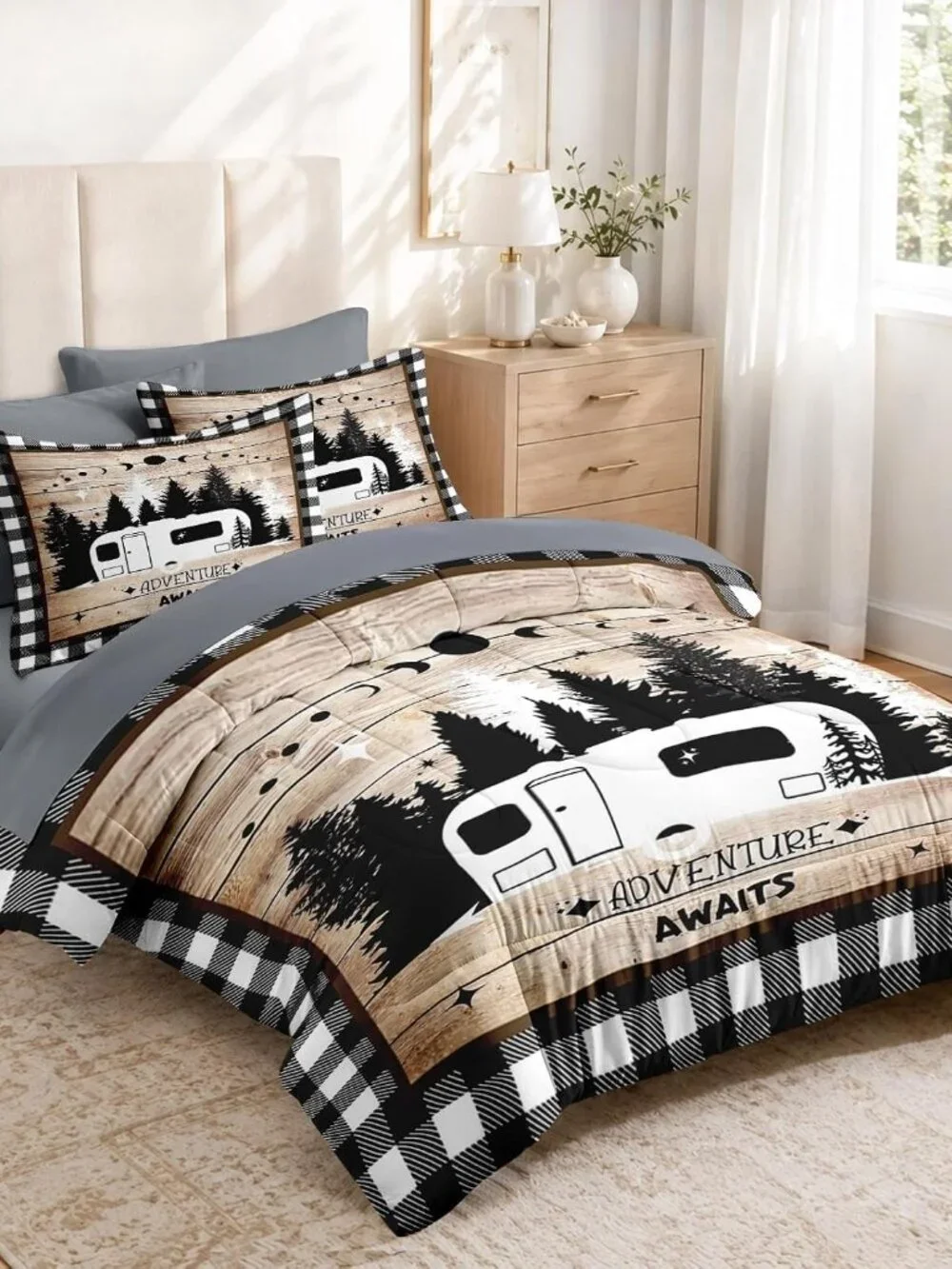 7 Pieces Comforter Set Full Size, Camping Camper Plaid Bedding Set with Fitted S